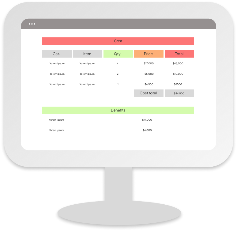 A cost benefit table inside a computer mockup