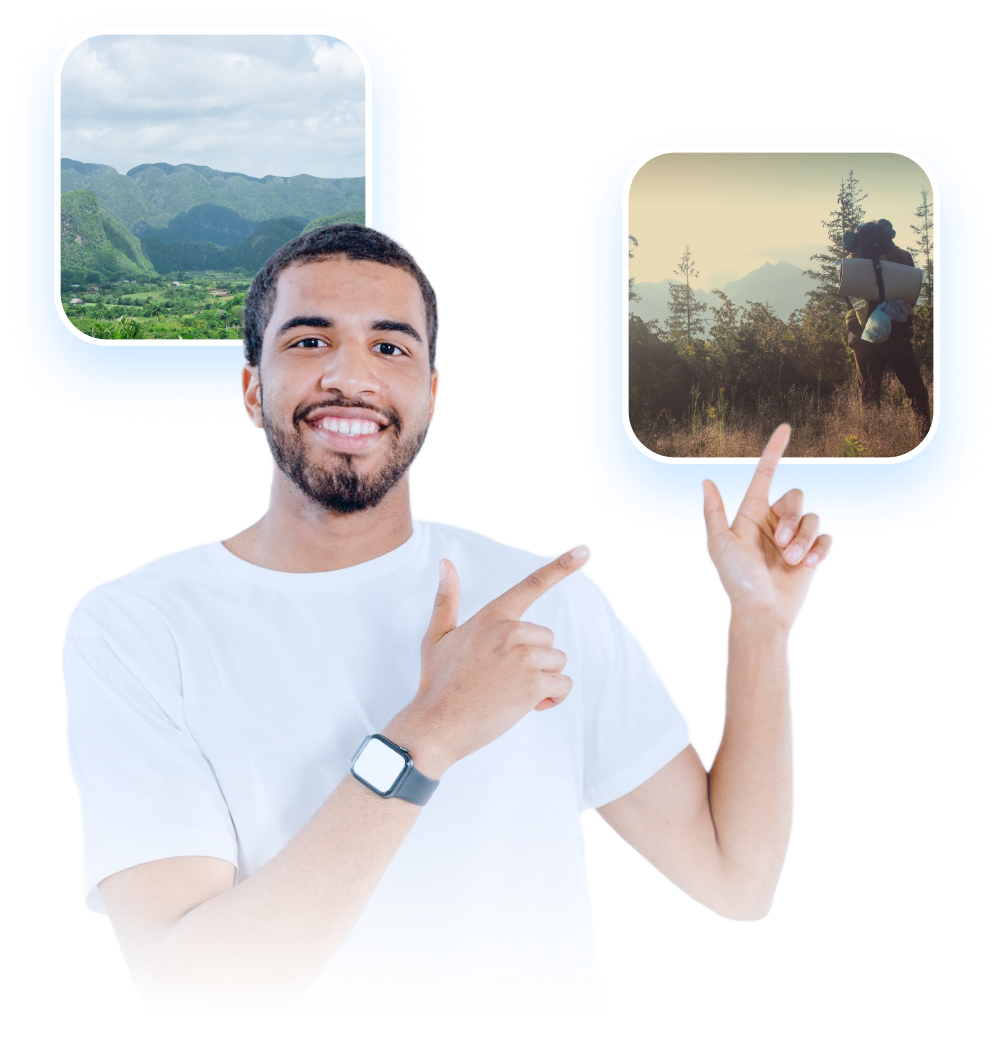 A man pointing towards pictures of nature